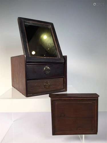 A HARDWOOD MAKE-UP BOX WITH MIRROR