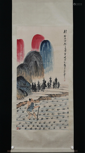 A CHINESE PAINTING DEPICTING FARMING SCENE