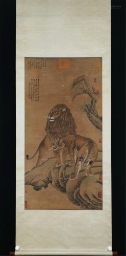 A CHINESE PAINTING OF TWO LIONS