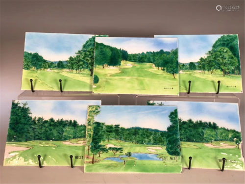 GROUP OF PAINTED ENAMEL SCREENS OF GOLF COURSE