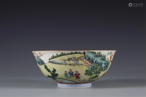 A FAMILLE ROSE LANDSCAPE AND FIGURES BOWL