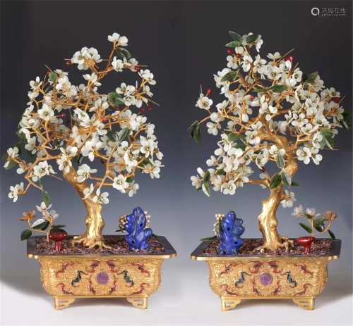 PAIR OF JADE FLORAL BONSAI WITH CLOISONNE BASIN