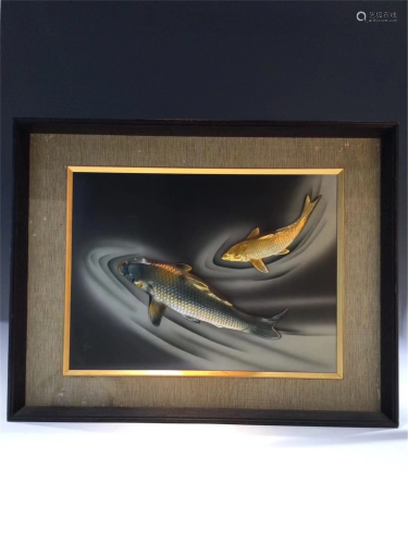 A FRAMED GILDING AND SILVERING BRONZE CARPS PAINTING