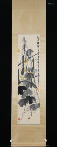 A CHINESE PAINTING OF GRASS-HOPPER UNDER LUFFA