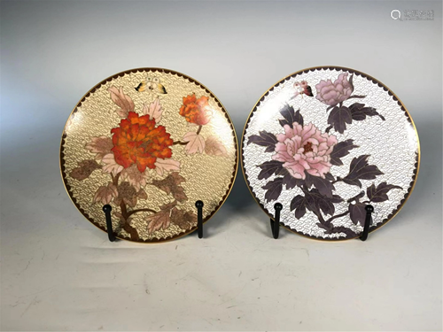 TWO CLOISONNE BUTTERFLY-AND-FLOWER CIRCULAR PLATES