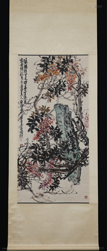 A CHINESE PAINTING OF WISTERIA AND ROCK