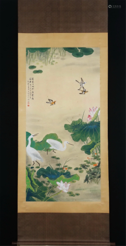 A CHINESE PAINTING OF WHITE EGRETS IN LOTUS POND