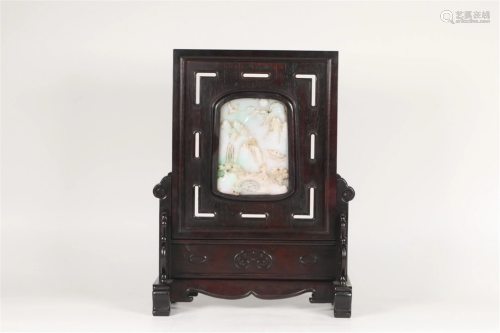 A JADEITE INLAID WOODEN TABLE SCREEN