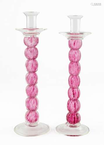 A pair of Murano style knopped stem candlesticks.