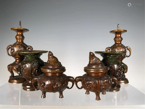 PAIR OF BRONZE CENSERS, GU VASES AND CANDLE HOLDERS