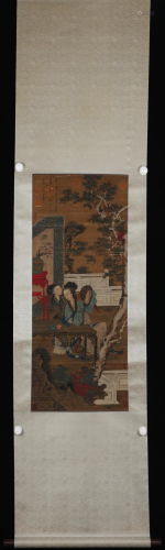 A CHINESE PAINTING DEPICTING BEAUTIES DRESSING UP