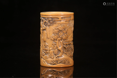 A CARVED FIGURES STORY BRUSH POT
