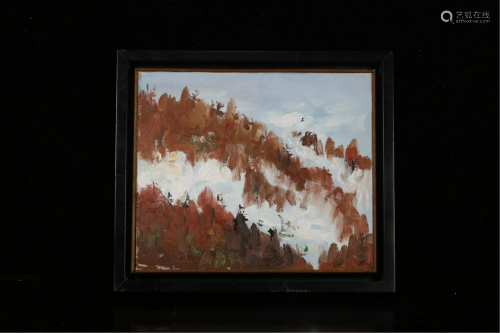 A FRAMED CHINESE OIL PAINTING OF LANDSCAPE