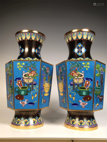 PAIR OF CLOISONNE ENAMEL HEXAGONAL VASES