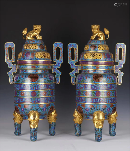 PAIR OF CLOISONNE INCENSE BURNERS WITH LION HANDLES