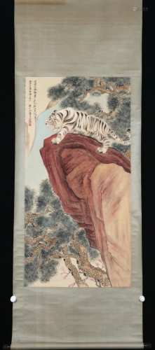 A CHINESE PAINTING OF WHITE TIGER ON ROCK