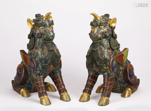 PAIR OF CLOISONNE ENAMEL MYTHICAL BEASTS