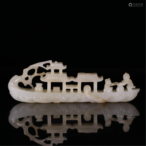 A JADE CARVED DECORATION OF 'FIGURES ON BOAT'