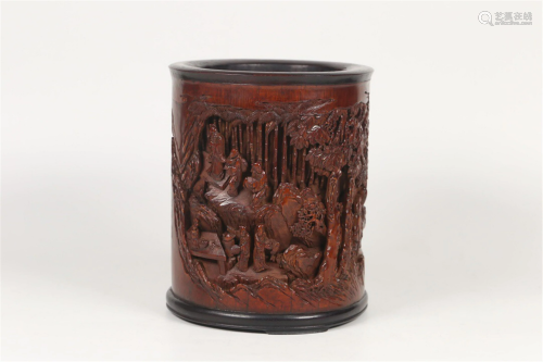 A BAMBOO CARVED FIGURES STORY BRUSH POT