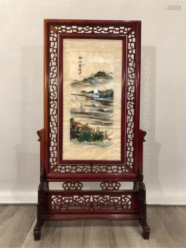 A HUNAN EMBROIDERY INLAID HARDWOOD TABLE SCREEN