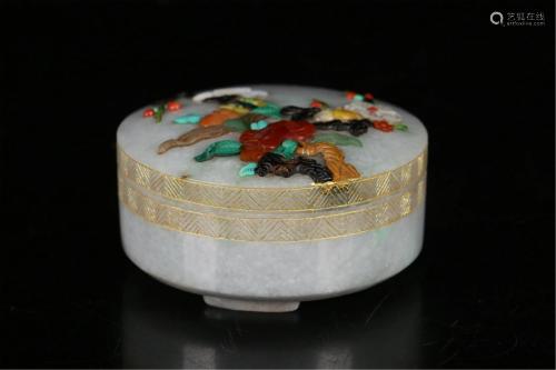 A HARD-STONES INLAID JADEITE BOX AND COVER