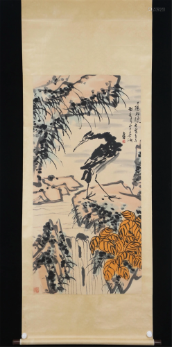 A CHINESE PAINTING OF BIRD STANDING BY THE WATERFALL