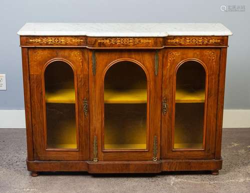 A Victorian walnut and floral inlaid breakfront credenza, 46...