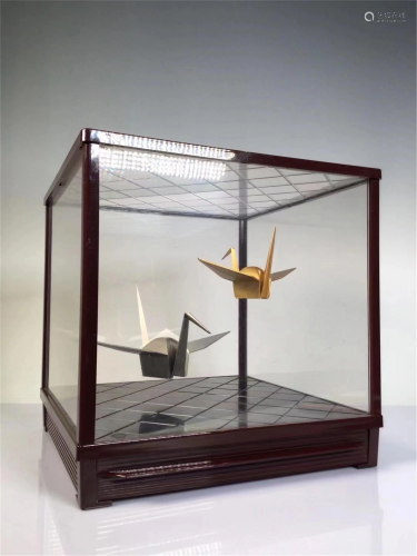 PAIR OF METAL MADE PAPER-CRANES WITH DISPLAY BOX