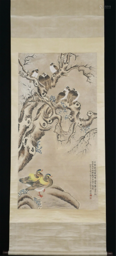 A CHINESE PAINTING OF MANDARIN DUCKS AND BIRDS