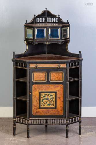 A Victorian ebonized and burl walnut corner cabinet, 58 3/4 ...