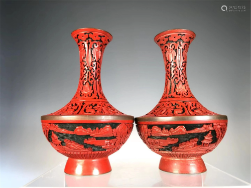 PAIR OF CARVED LACQUER LANDSCAPE VASES
