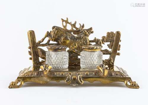 A brass stag and hunting hounds double inkstand, 4 7/8 x 9 1...