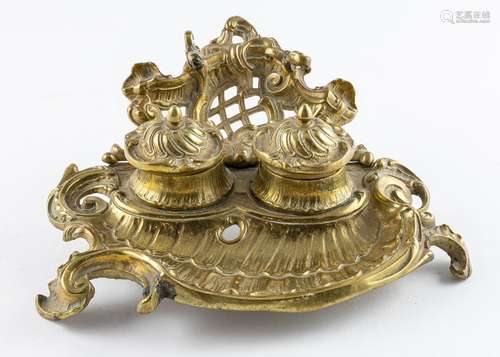 An Art Nouveau gilt bronze and brass double inkwell, 3 3/4 x...