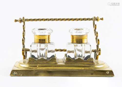 A brass double inkstand with pen holders, 3 1/2 x 6 3/4 x 4 ...