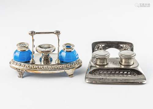 An oval silver-plated double inkstand, 4 x 6 3/4 x 3 1/2 in....