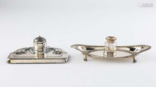 A silver plated and cut glass inkwell of oval form, 2 1/2 x ...