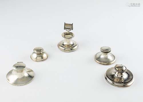 A collection of five sterling and silver plated inkwells, 2 ...