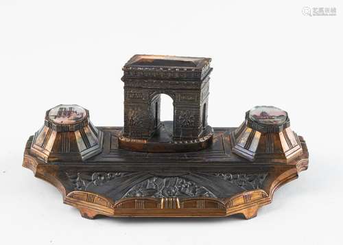 An antique Paris Arc de Triomphe copper double inkwell, 4 x ...