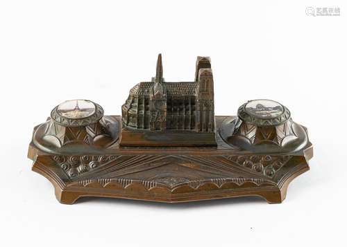 An antique Paris Grand Tour Notre Dame copper double inkwell...