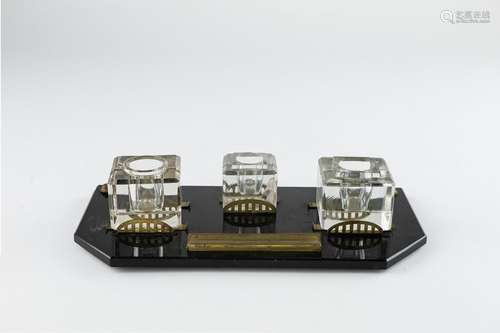 A square glass triple inkwell, 3 1/4 x 12 1/2 x 6 in. (8 x 3...