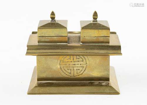 A Chinese brass double inkwell of rectangular form, 3 1/4 x ...