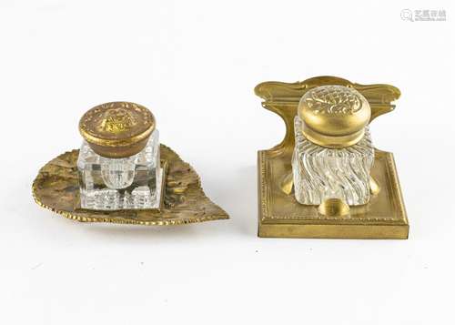 A brass inkstand in the form of a leaf, 2 1/4 x 4 x 3 in. (5...