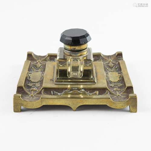 A brass and bronze inkstand of square form, 3 x 5 1/2 x 5 1/...