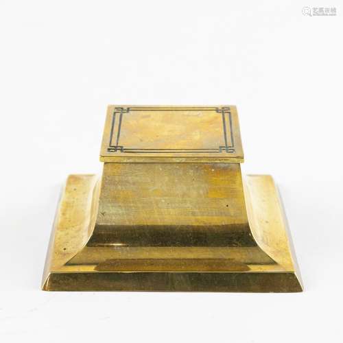 A brass inkwell of square form with milky glass insert. 2 x ...