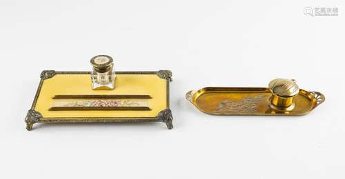 A rectangular brass inkstand, 2 3/4 x 9 1/2 x 5 1/2 in. (7 x...