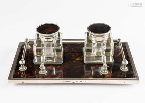 A 19th century English tortoiseshell inkstand, 3 1/4 x 9 1/2...