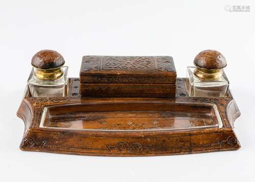 A 19th century leather inkstand, 3 1/8 x 11 1/2 x 6 1/4 in. ...