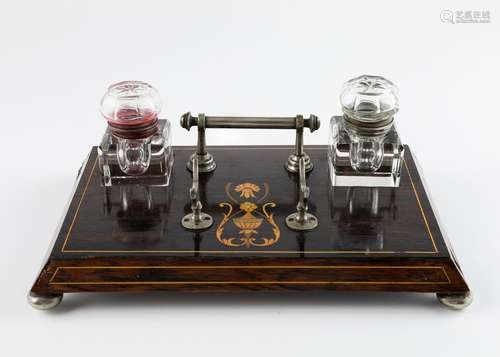 A rosewood and kingwood inlaid inkstand, 4 1/2 x 11 1/4 x 8 ...