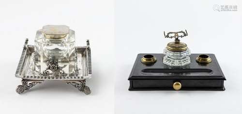 A square silverplated and crystal inkwell, 3 1/2 x 4 1/2 x 4...