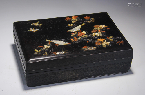 A HARD-STONES INLAID HARDWOOD BOX AND COVER